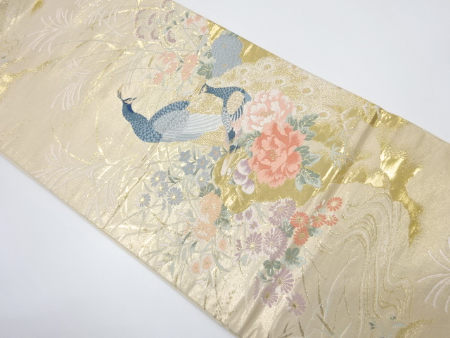 孔雀に流水・秋草模様織り出し袋帯